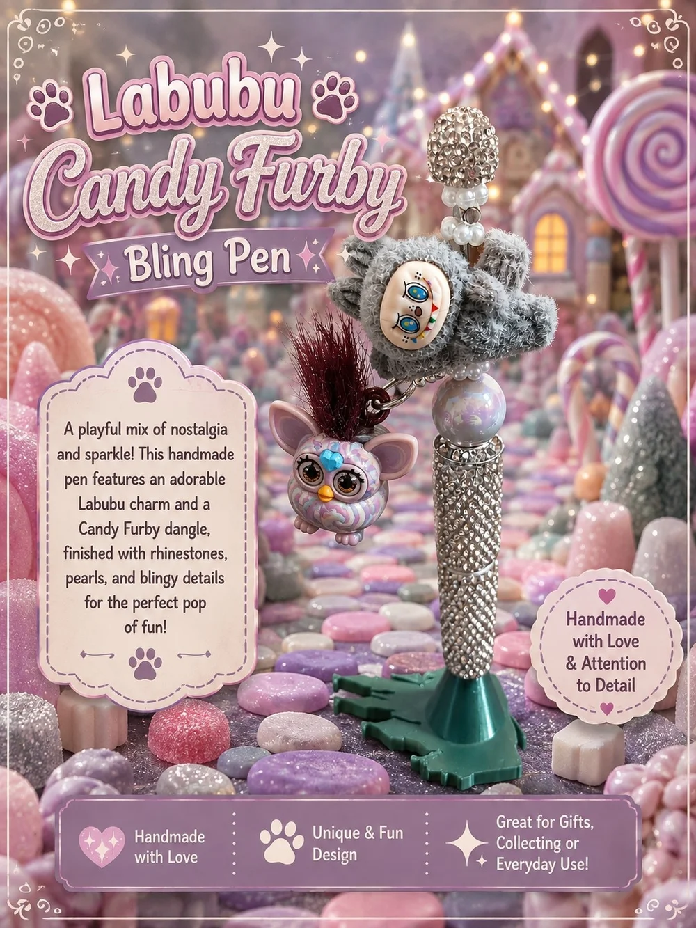 Candy Furby Bling Pen - Pink & Silver Handmade Charm Pen